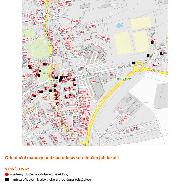 Vážení občané, tímto si Vás dovolujeme upozornit na odstávku elektřiny, která se uskuteční dne 03.09.2025 od 08:00 do 10:00 hodin, a to v lokalitě Horní Litvínov: 9. května: č. p. 2044, 2045, 2046, 2047 Jiráskova: č. p. 395, 396, 397, 398, 403, 414, 415, 420, 441, 2096 Kostelní: č. p. 35, 265 Masarykovo nám.: č. p. 38, 41, 292 náměstí Míru: č. p. 343, 375 S. K. Neumanna: č. p. 2170 Tržní: č. p. 399, 400, 402, 421, 450, 451 Vinohradská: č. p. 312, 965-970