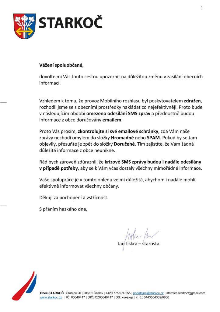Důležité sdělení obce o omezení odesílání sms v následujícím období.
