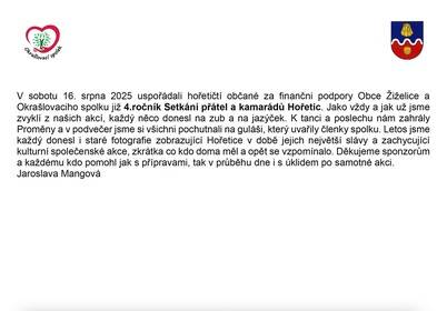 Zveřejňujeme poděkování za podporu akce v Hořeticích, která proběhla 16.8.2025.