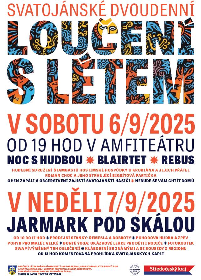 Vážení, čeká nás několik společenských akcí, na které vás srdečně zveme. Začneme koncem srpna: Pátek 29. srpna - Karlštejnská můří noc s etomology z AOPK ČR, sraz ve 21:00 u pošty Karlštejn (více v pozvánce).   Víkend 6. a 7. září - dvoudenní Loučení s létem, v sobotu muzika ve svatojánském amfiteátru, v neděli jarmark se stánky a spoustou dalších aktivit v cenru obce (viz plakáty). Sobota 13. září - od 9 hod. nohejbalový turnaj a večer  muzika u oihně v Sedlci (viz pozvánka).  Víkend 19. až 22. září - Svatoludmilská pouť na Tetíně, v pátek dobový průvod ke kříži, v soboru a v neděli  bohatý pouťový program (viz plakát).