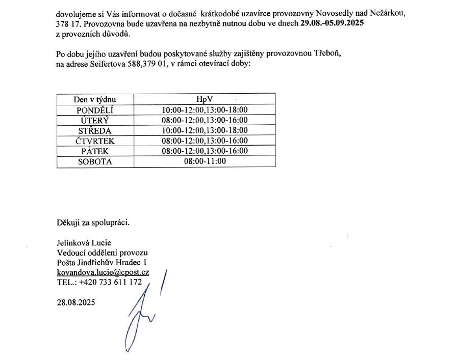 Dočasné uzavření pošty v Novosedlech nad Nežárkou