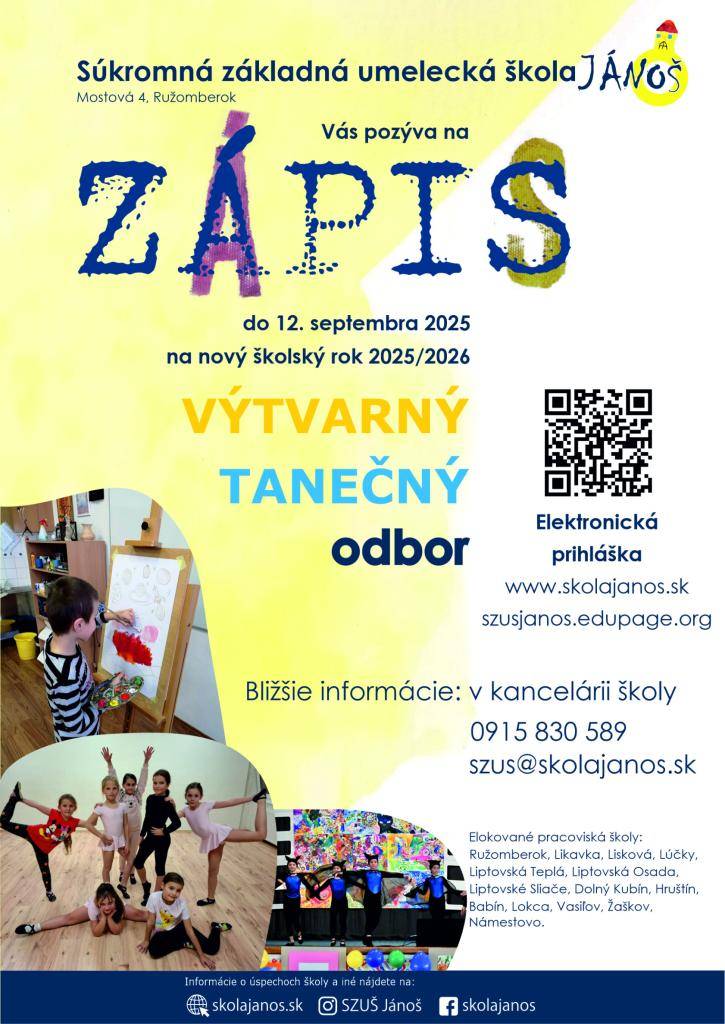 Súkromná základná umelecká škola JÁNOŠ vás pozýva na ZÁPIS do 12.09.2025 na nový školský rok 2025/2026 (výtvarný, tanečný odbor)