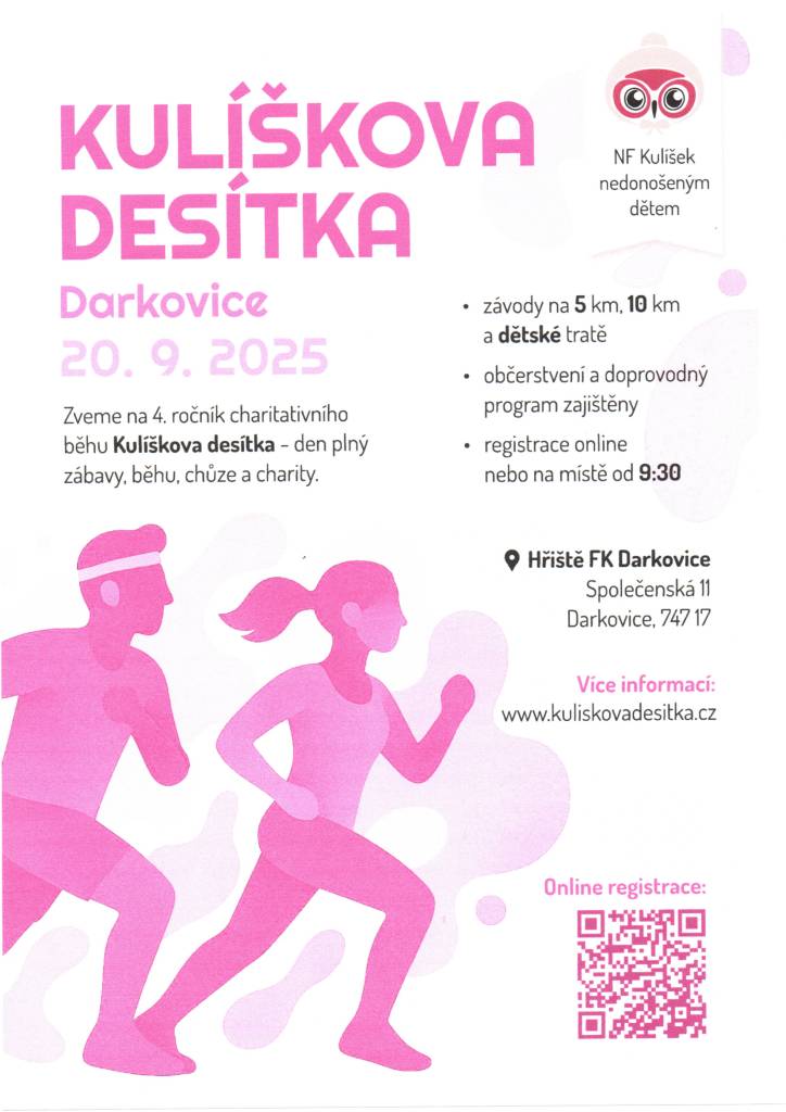Obec Darkovice, Vás zve dne 20.9.2025 na 4.ročník charitativního běhu Kulíškova desítka - den plný zábavy, běhu, chůze a charity.