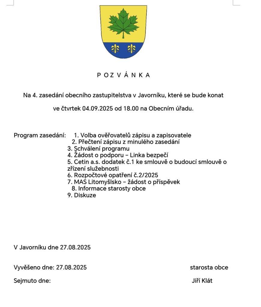 Pozvánka na 4. zasedání obecního zastupitelstva v Javorníku, které se bude konat ve čtvrtek 04.09.2025 od 18.00 na Obecním úřadu.