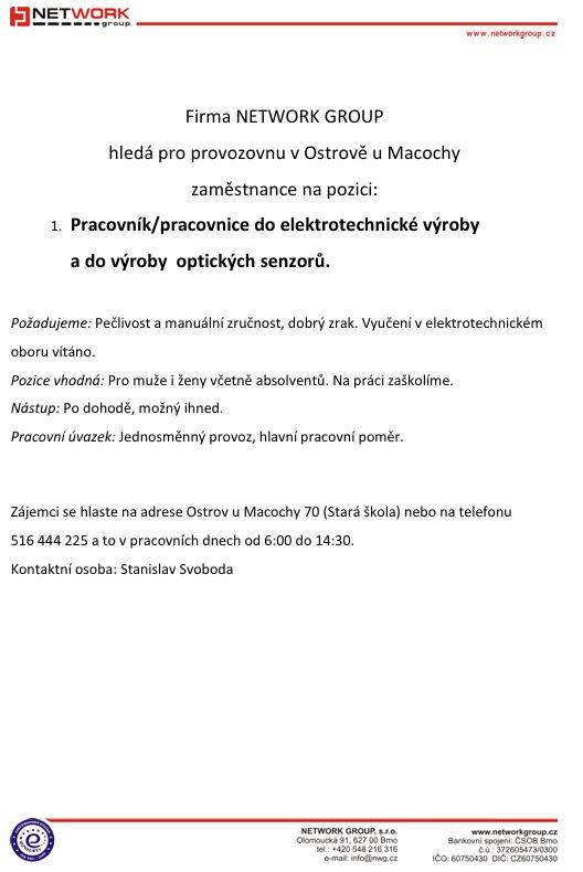Pracovník/pracovnice do elektrotechnické výroby   a do výroby  optických senzorů.