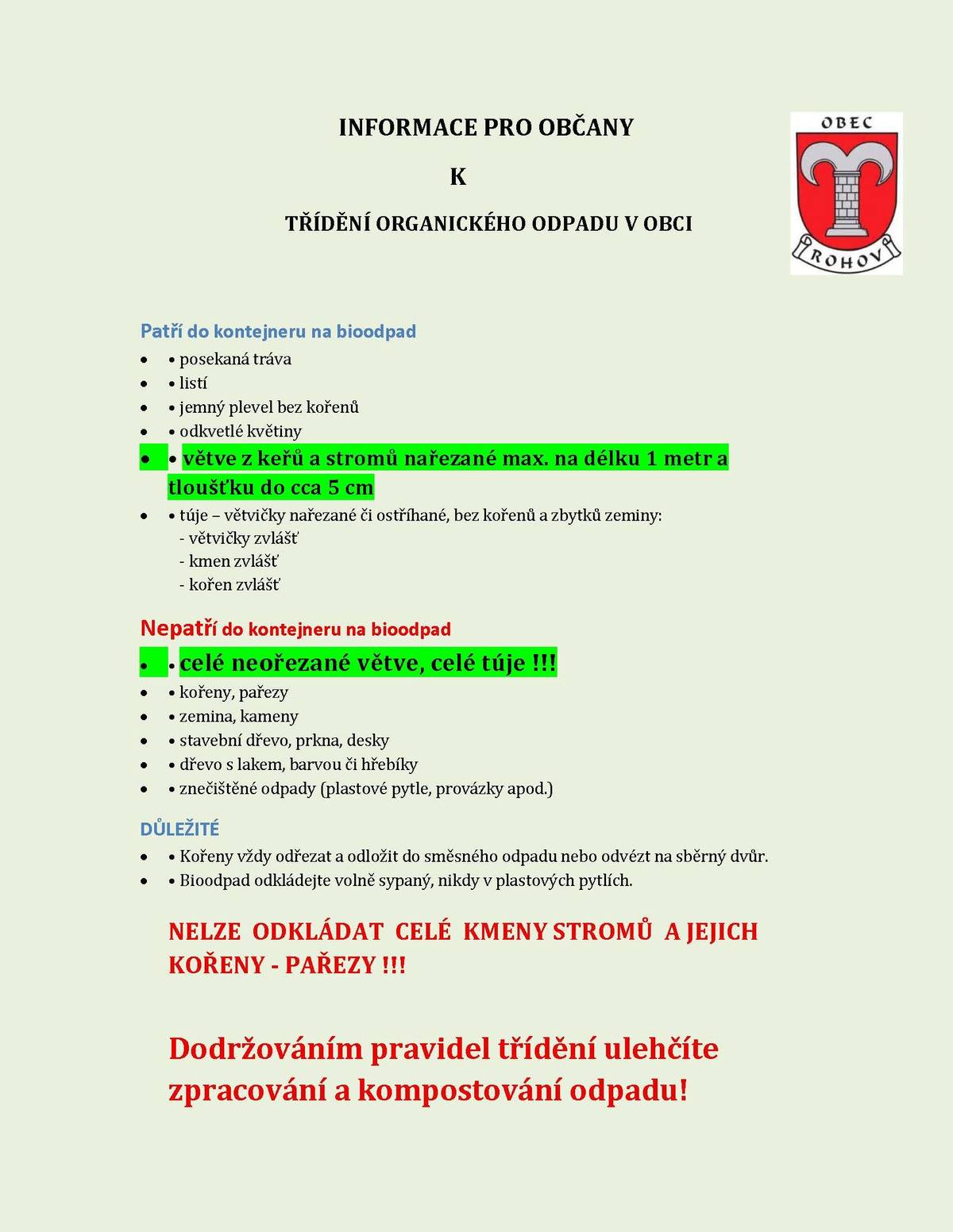 Informujeme občany o pravidlech pro ukládání organického odpadu na  sběrném místě - ul.Krátká.