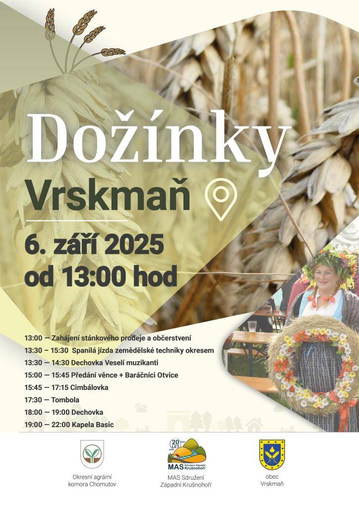 Přijďte na Zemědělský den, kde se můžete těšit na spanilou jízdu zemědělské techniky, vystoupení dechovky a cimbálovky, tombolu a skvělou kapelu Basic.
