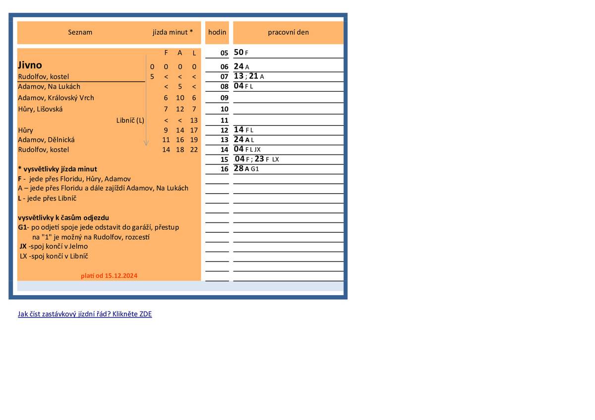 Vážení občané, v příloze posílám jízdní řád obecní dopravy včetně jednotlivých zastávek, který je platný do 15. 12. 2025. Obec Adamov