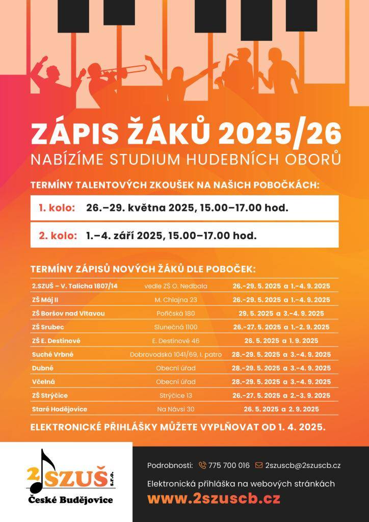 Vážení rodiče, podzimní zápis k výuce hry na hudební nástroje v Druhé soukromé umělecké základní škole, s.r.o. proběhne na naší škole ve dnech 2. - 3.9. 2025 od 15:00 do 17:00. Výuka hry bude probíhat opět u nás ve škole. Bližší informace najdete v přiloženém letáku.