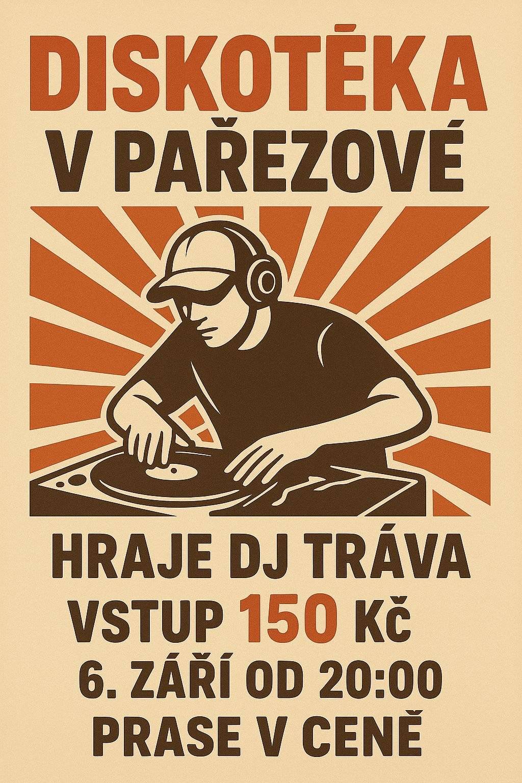 Zdravím vás a zvu všechny na ukončení léta v sobotu 6.9. od 17 hod na terase budovy OÚ. Pečení čuníka a večerní diskotéku pořádají "Pařezovští bouráci" a mladíci. Vstupné včetně porce čuníka 150,- Kč/os. Pavel K.