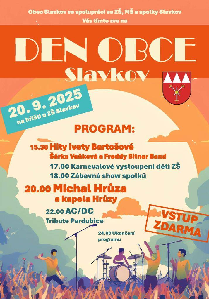 V sobotu 20. 9. 2025 od 15.30 hodin se uskuteční Den obce Slavkov na hřišti u ZŠ ve Slavkově.