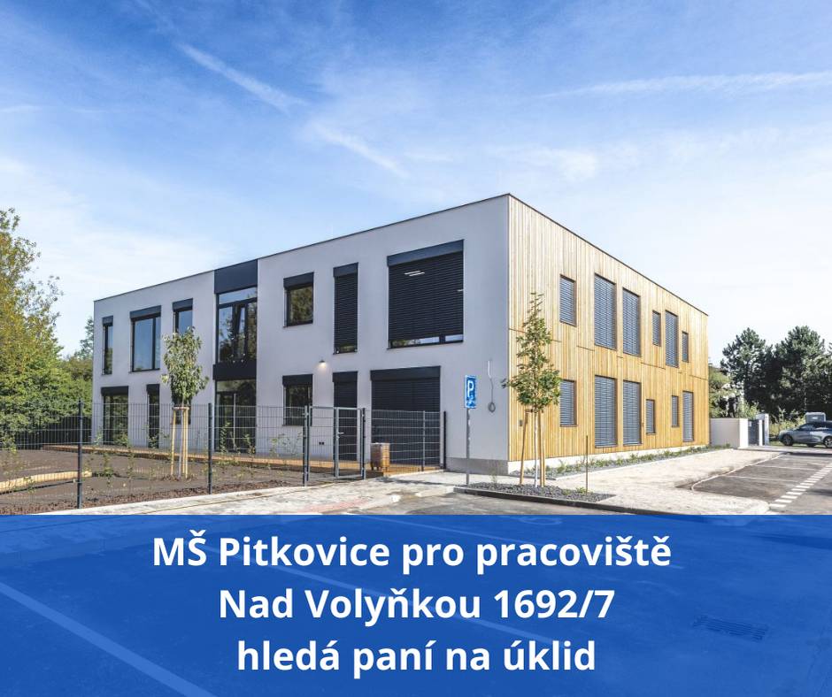 MŠ Pitkovice pro pracoviště Nad Volyňkou 1692/7, Praha 10 - Uhříněves, hledá paní na úklid (8hod).  Pro více informací pište, volejte:  📧 email: reditelka@mspitkovice.cz, ☎️ tel: 602 945 812 nebo 📧 hospodarka@mspitkovice.cz