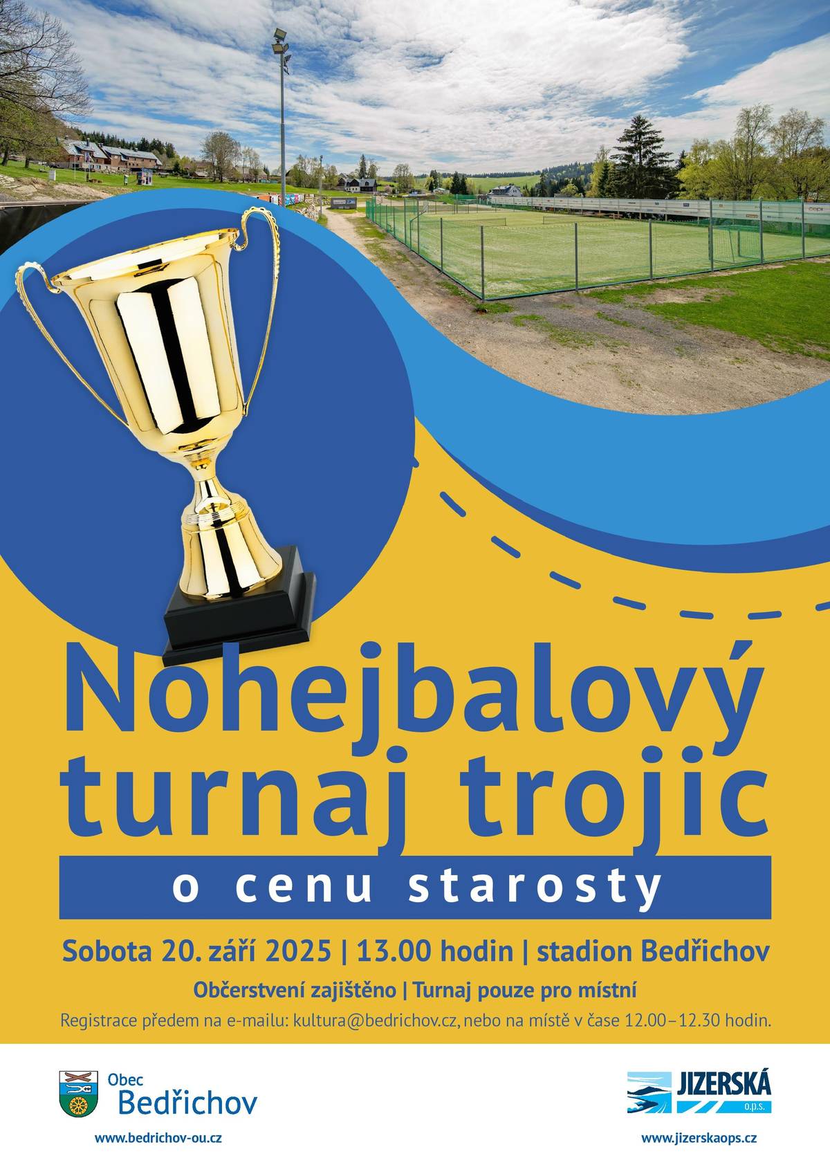 Zapište si do svých kalendářů sobotu 20. září 2025 – 13.00 hodin. Pro místní se připravuje tradiční Nohejbalový turnaj trojic o cenu starosty na stadionu v Bedřichově. Registrace předem na kultura@bedrichov.cz nebo pak na místě v čase 12.00–12.30 hodin. Turnaj je pouze pro místní! Občerstvení je zajištěno. Těší se na Vás Obec Bedřichov a Jizerská, o.p.s.