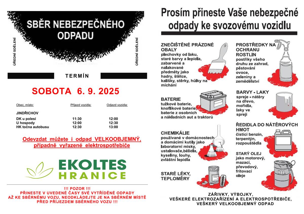Dobrý den všem, zasílám aktuální hlášení: 1) od úterý 2.září bude v obci probíhat čištění potoka. Žádáme všechny o shovívavost a trpělivost v případě malých krátkodobých omezení . 2) v sobotu 6. září proběhne MOBILNÍ sběr velkoobjemného a nebezpečného odpadu. Časový rozpis dle jednotlivých stanovišť zasíláme přílohou, je uveřejněn na webu obce a na vývěskách u zastávek. Příjemný zbytek dne          Jana B.