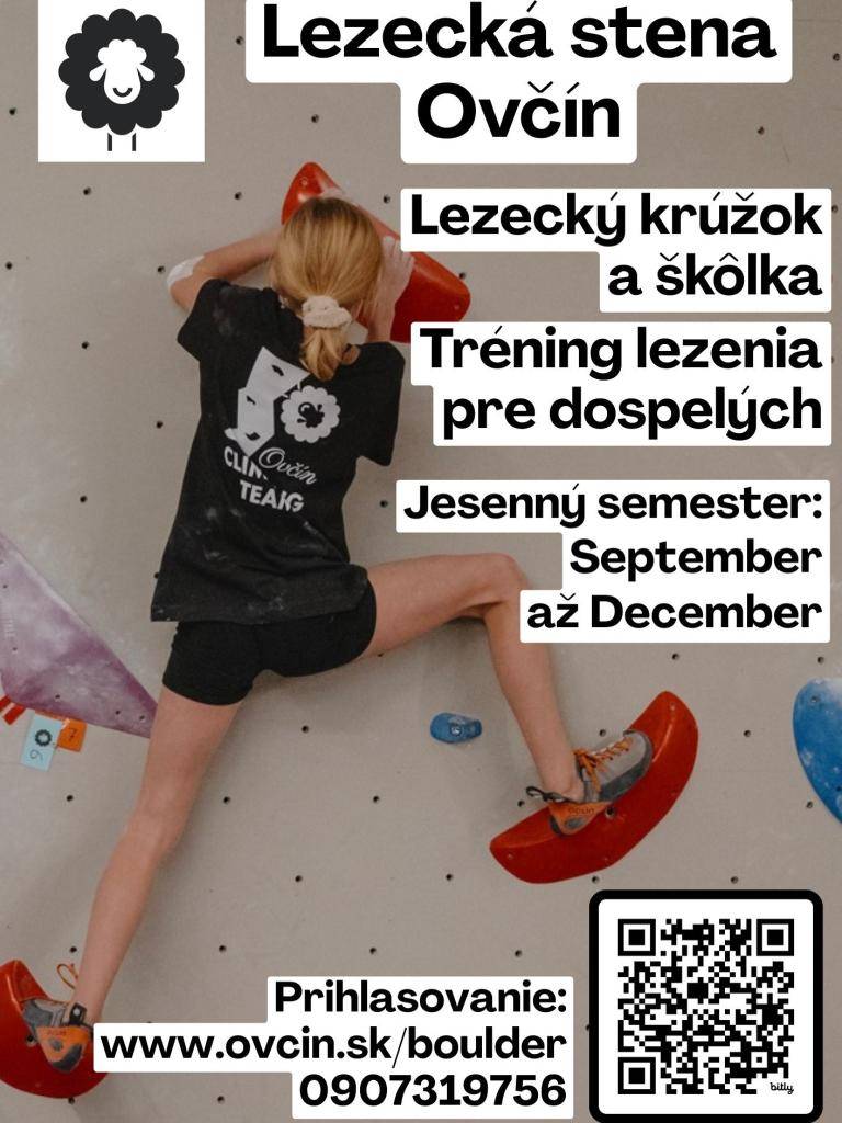 Lezecká stena Ovčín otvára od 8. septembra  2025 nový semester lezeckých krúžkov, škôlky pre deti a tréningov pre dospelých. Ak ste ešte nikdy neliezli, môžete sa prísť pozrieť na prvú hodinu lezenia v týždni od 8. do 12. septembra, podľa rozvrhu krúžkov na webe.