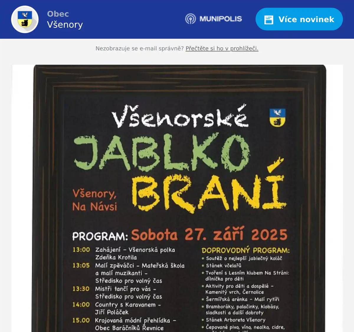 Dobrý den, posíláme Vám pozvánky na zářijové akce konané ve Všenorech. Naše tradiční JABLKOBRANÍ a pozvánku na akci Zažít město jinak. Těšíme se na Vás a přjeme hezké zážitky.