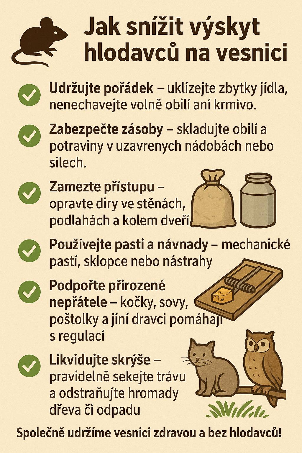 Dobrý den, na základě podnětů občanů posílám základní preventivní opatření ke snížení výskytu hlodavců. Jednoduchý obrázek + obsáhlejší článek.