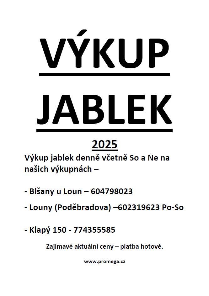 Každodenní výkup jablek včetně víkendů na našich výkupnách.