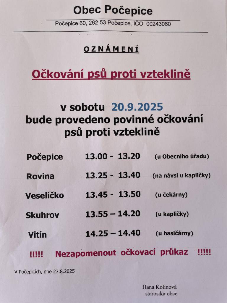 Očkování psů proti vzteklině v sobotu 20.9.2025