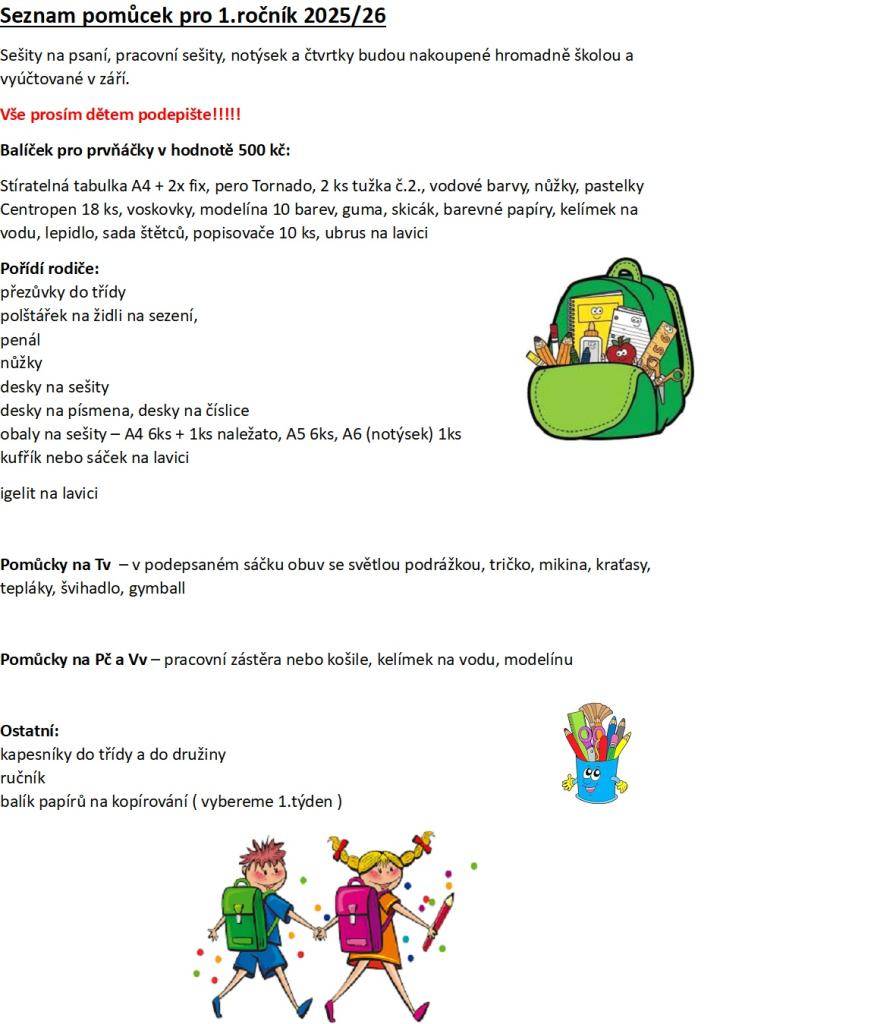 Seznam pomůcek pro 1. ročník