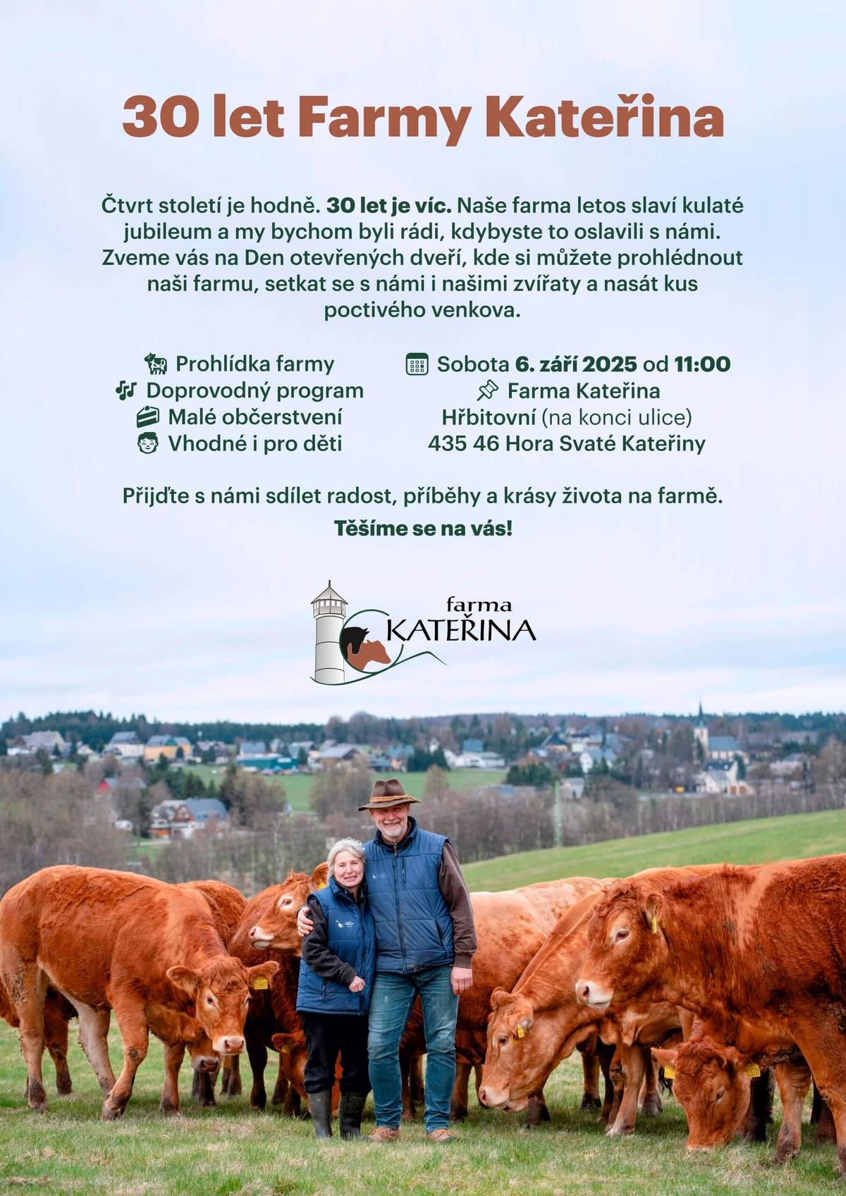 Farma Kateřina vás zve na oslavu 30 let 6.9.2025 viz pozvánka. Součastí akce bude i program pro děti Cesta chleba, kdy děti zpracují obilovinu od A-Z (od vymlácení obilí až po upečení chleba).