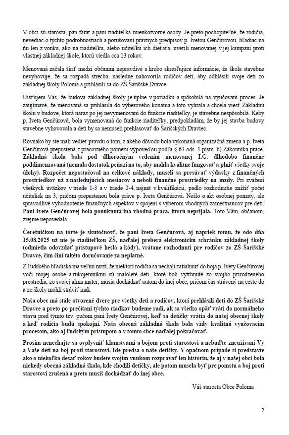 List občanom, rodičom od starostu obce Poloma