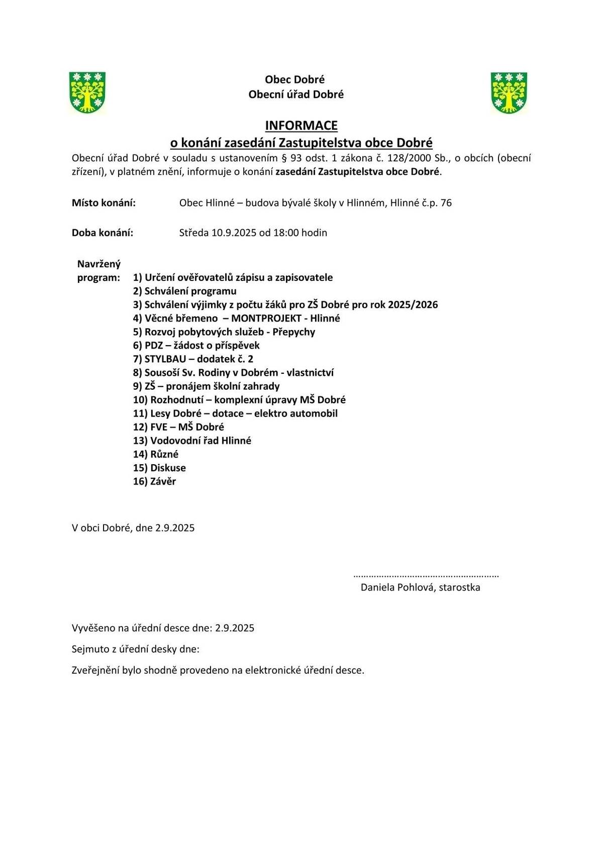 konané v Hlinném č.p.76 - bývalá škola ve středu 10.9.2025 od 18:00