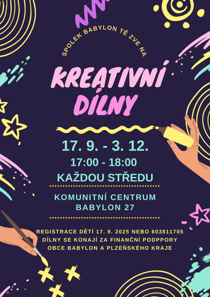 Zveme všechny děti na Kreativní dílny, které se konají každou středu od 17:00 do 18:00 v komunitním centru (Babylon 27). Registrace dětí probíhá 17. září 2025 nebo na telefonním čísle 603811705.