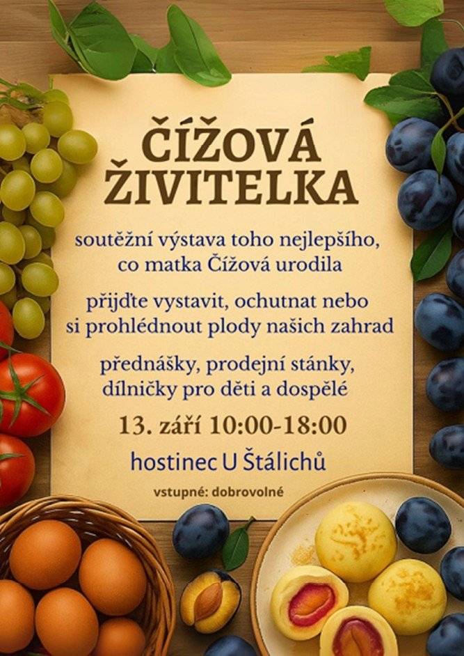 Spolek čížovských zahrádkářů vás srdečně zve na (ne)tradiční zahrádkářskou výstavu – „Čížová živitelka“. Akce se koná v sobotu 13. 9. 2025 od 10:00 v hostinci U Štálichů" Program v přiloženém letáku