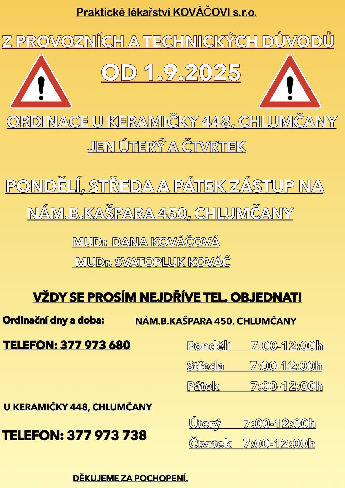 Praktické lékařství Kováčovi s.r.o. oznamuje, že od 1.9.2025 je ordinace U Keramičky 488 otevřena pouze v úterý a ve čtvrtek. V ostatní dny zastupuje ordinace na nám. Bohuslava Kašpara 450, MUDr. Dana Kováčová a MUDr. Svatopluk Kováč, tel. 377 973 680.