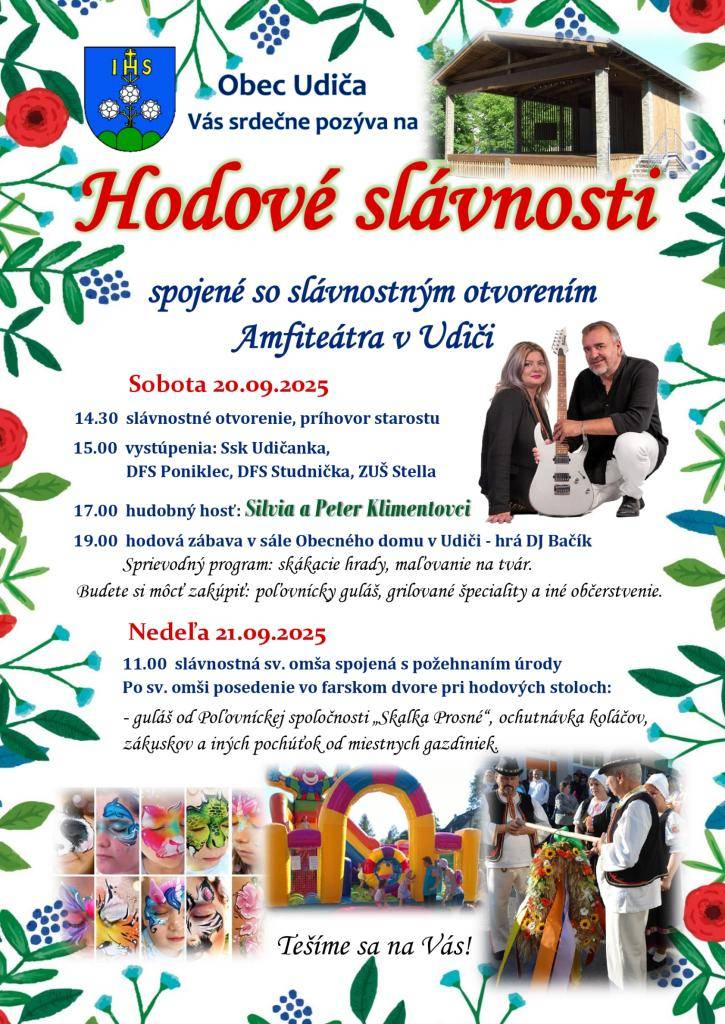 Obec Udiča Vás srdečne pozýva na Hodové slávnosti spojené so slávnostným otvorením Amfiteátra v Udiči, ktoré sa uskutočnia 20.septembra - 21.septembra 2025.