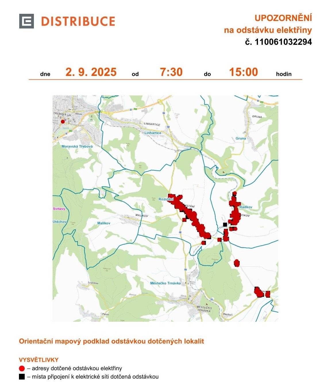 Dne 2. 9. od 7:30 do 15:00 hodin bude plánovaná odstávka elektrické energie. Zahrnuje tyto lokality:  Část obce Petrůvka č. p. 2-7, 9-29 kat. území Petrůvka u Městečka Trnávky (kód 720381): parcelní č. 243/2, 364/1
