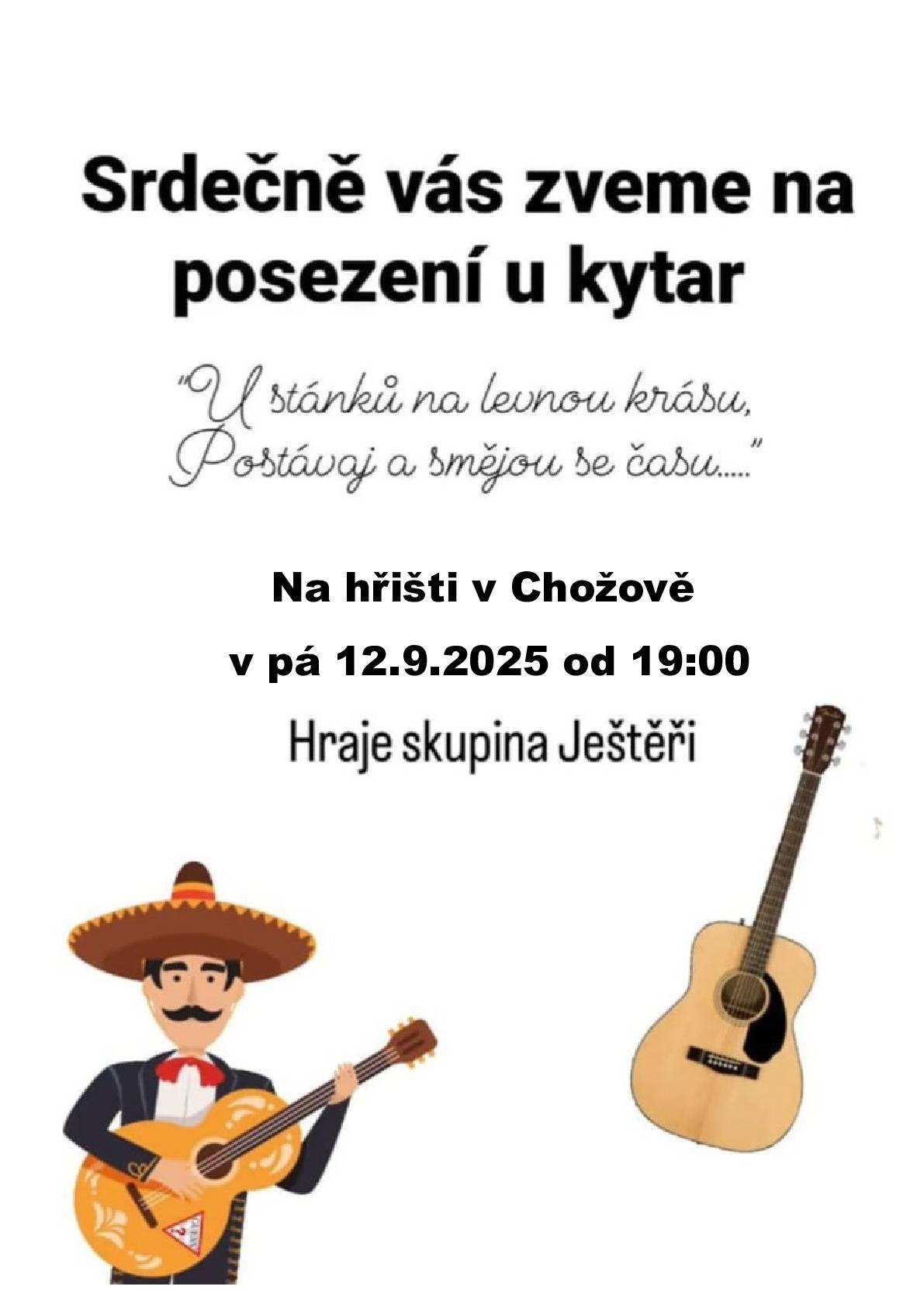Posezení u kytar v pátek 12.9.2025 od 19:00 hod. na hřišti v Chožově.