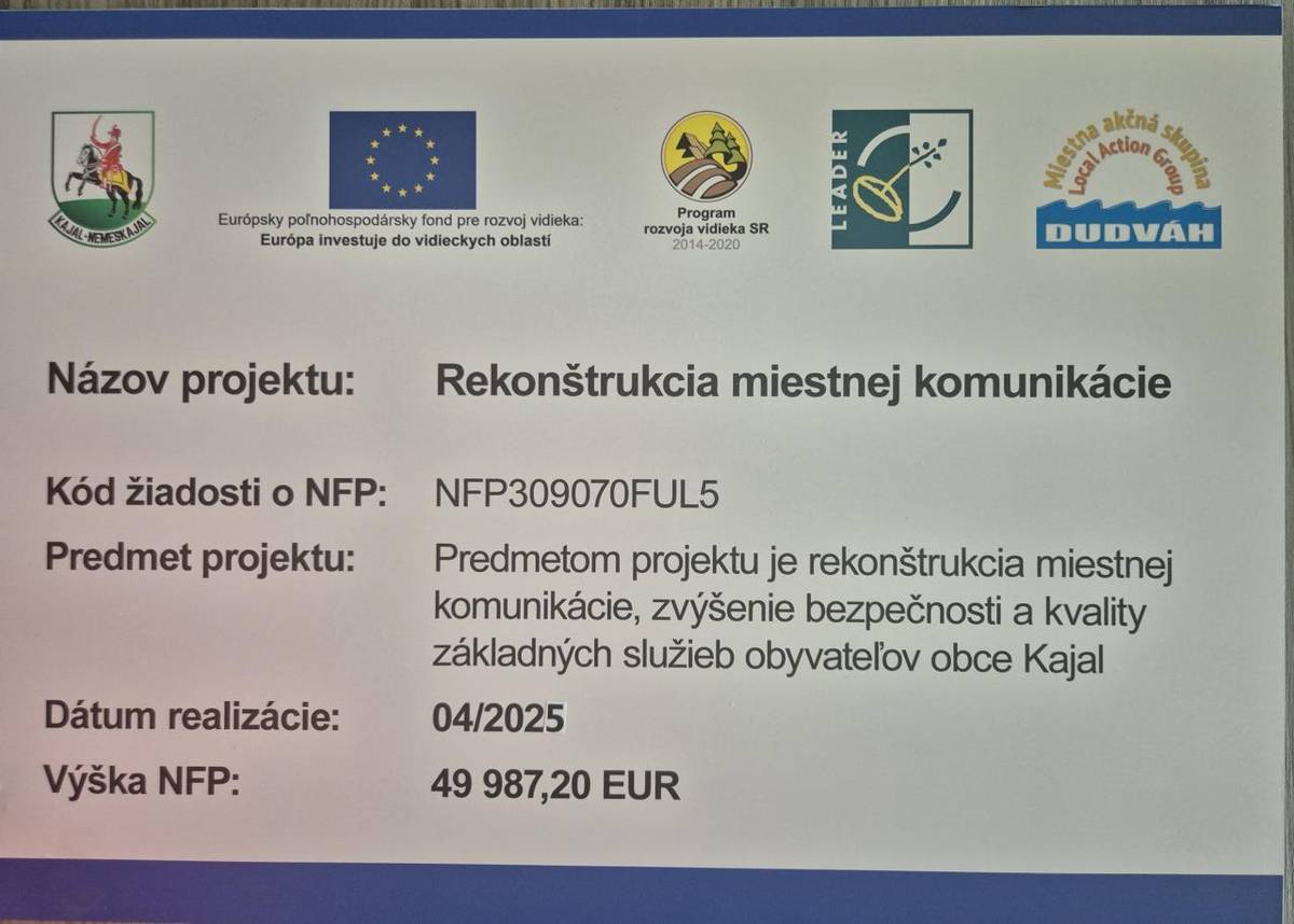 Predmetom projektu je rekonštrukcia - oprava a výmena asfaltovej krytiny miestnej komunikácie, zvýšenie bezpečnosti a kvality základných služieb obyvateľov obce Kajal.