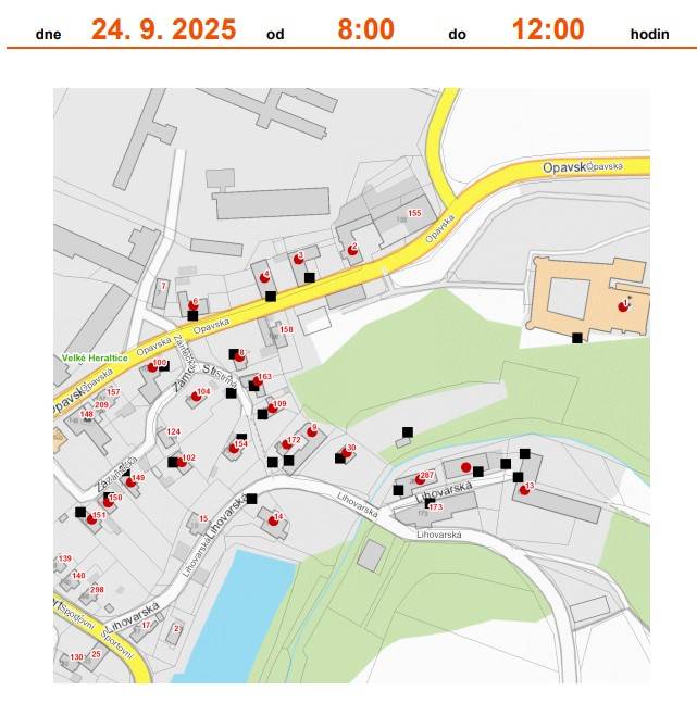 Plánovaná odstávka zahrnuje tyto lokality:  Velké Heraltice  Lihovarská: č. p. 9, 13, 14, 30, 287  Opavská: č. p. 1, 2, 3, 4, 6, 8, 100  Strmá: č. p. 109, 154, 163, 172  Zámecká: č. p. 102, 104, 149, 150, 151  kat. území Velké Heraltice: parcelní č. 923, 360/2, 362