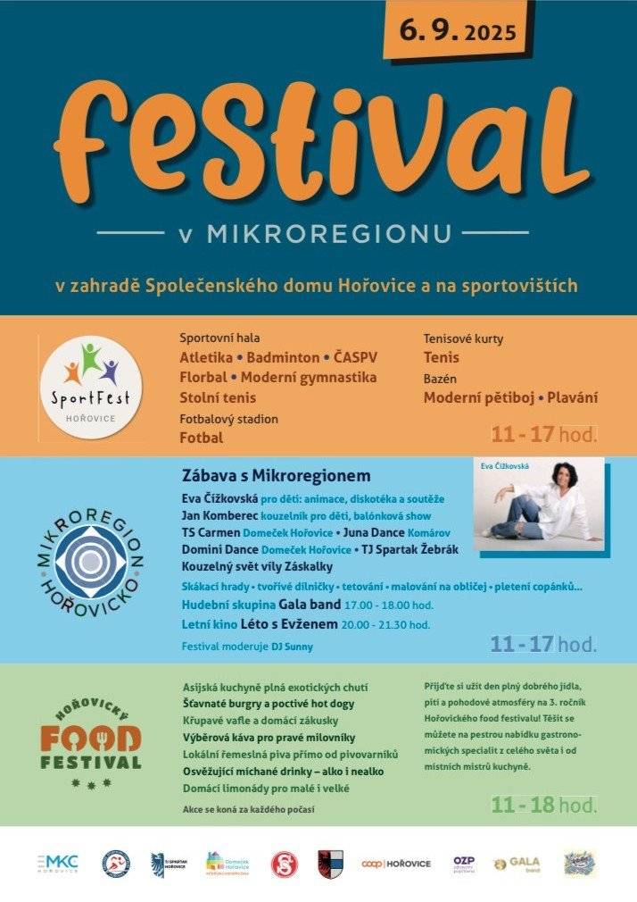 Pozvánka na akci "FESTIVAL V MIKROREGIONU", která se koná v sobotu 6. 9. 2025 v zahradě Společenského domu