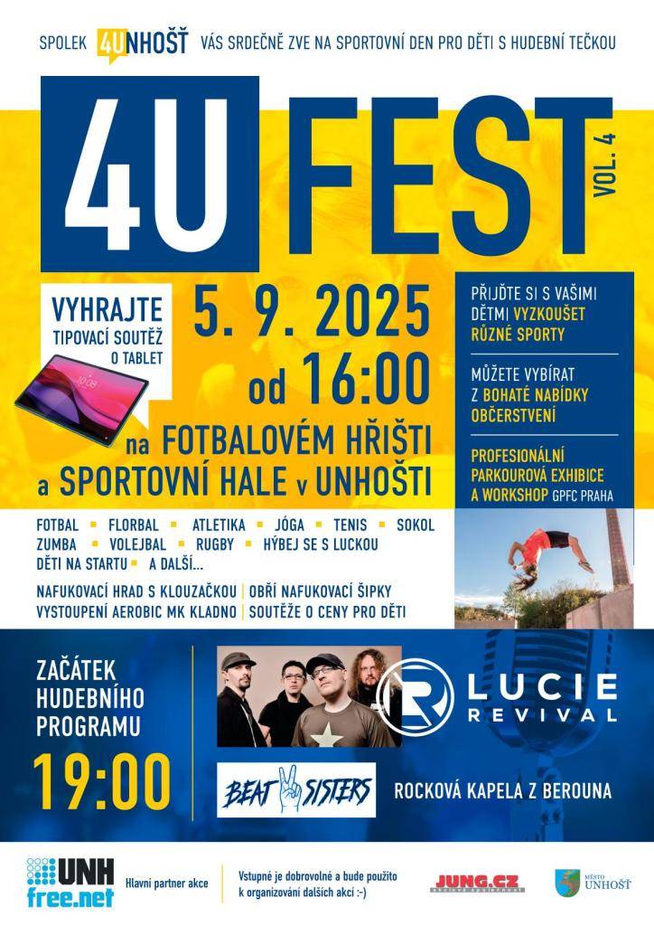 Spolek 4Unhošť zve všechny děti na Sportovní den plný her, soutěží a hudby, kde si mohou vyzkoušet různé sporty a vyhrát ceny.