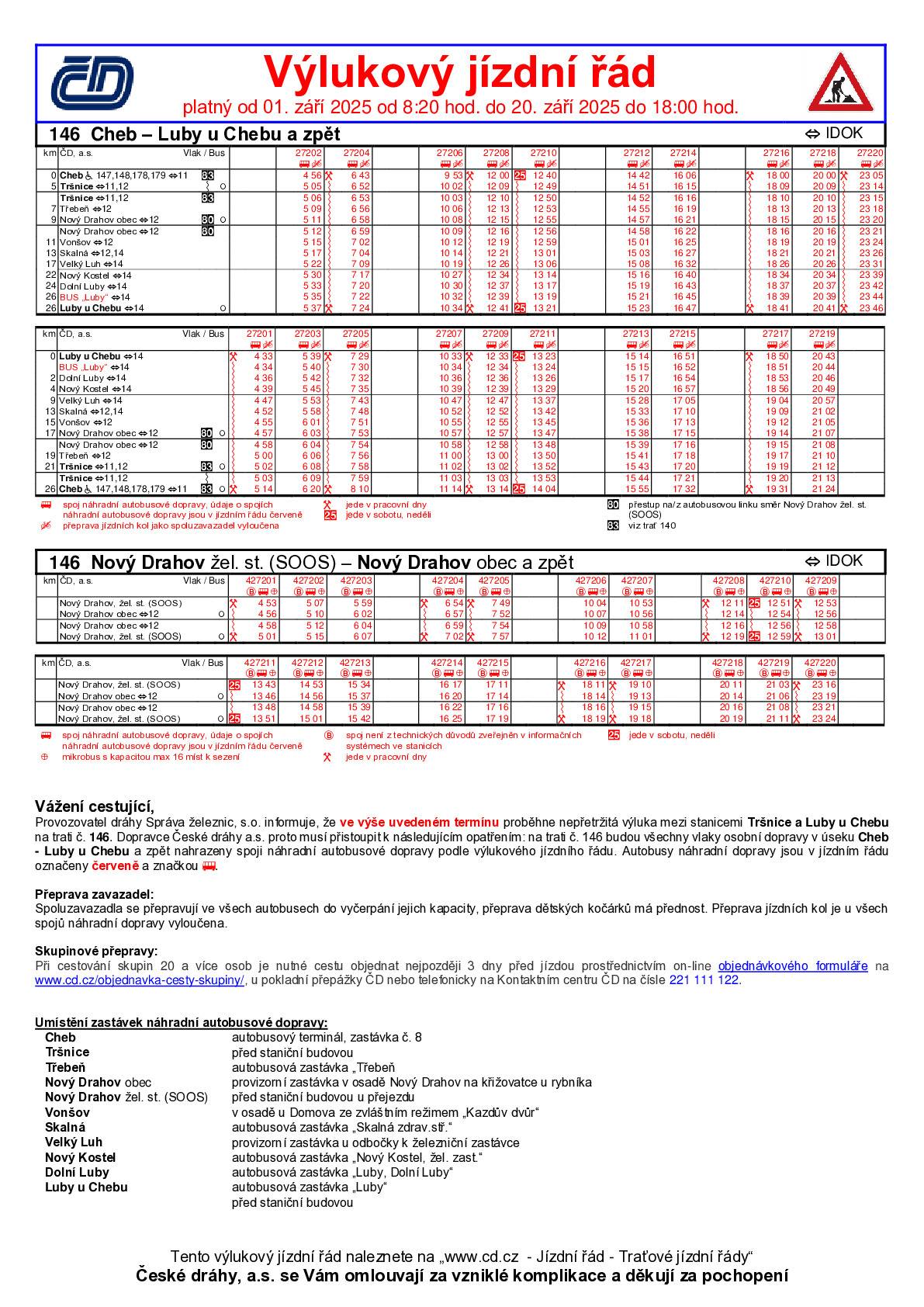 Od 1.9.2025 do 20.9.2025 výluka Cheb - Luby u Chebu