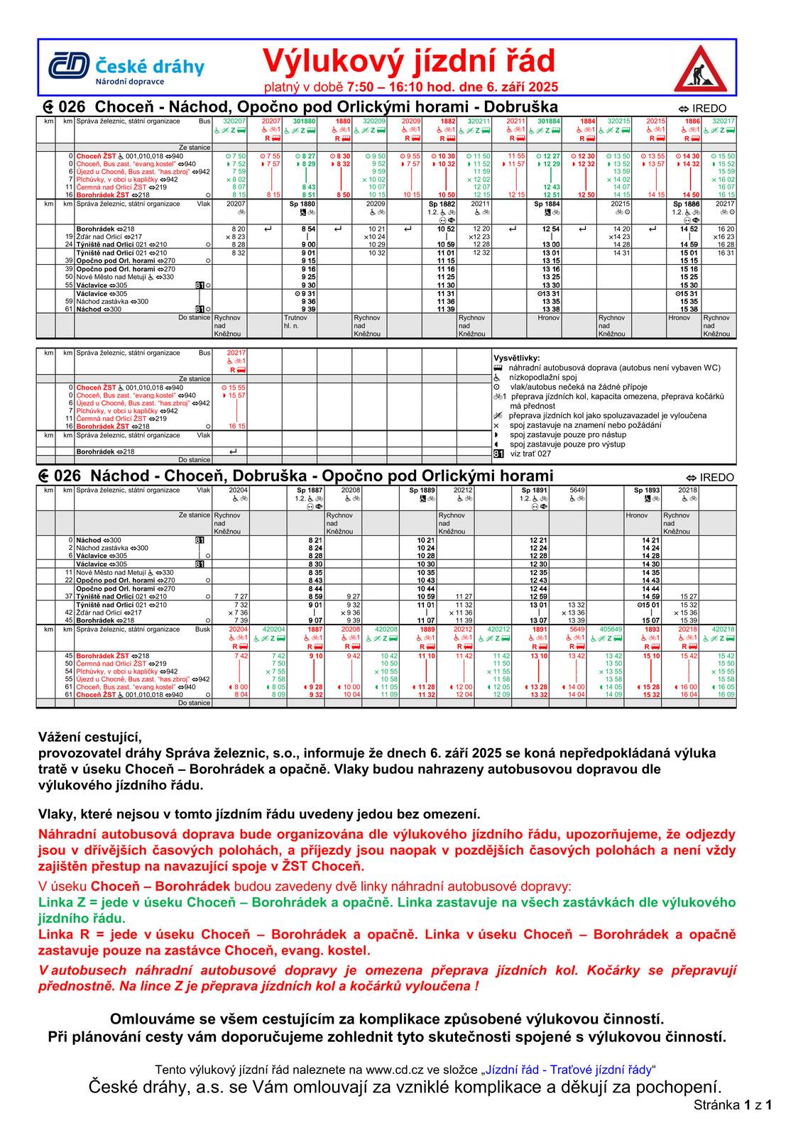 Provozovatel dráhy Správa železnic, s.o., informuje, že v sobotu 6. září 2025 v době od 7:50 do 16:10 hodin se koná nepředpokládaná výluka tratě 026 (Choceň - Náchod, Opočno pod Orlickými horami - Dobruška) v úseku Choceň – Borohrádek a opačně. Vlaky budou nahrazeny autobusovou dopravou dle výlukového jízdního řádu.