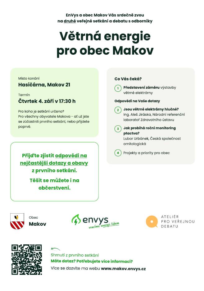 Obec Makov ve spolupráci se společností EnVys zvažuje možnost výstavby větrné elektrárny na katastrálním území obce. Srdečně Vás zveme na informační setkání, na kterém se dozvíte podrobnosti o tomto záměru a budete mít příležitost sdílet své názory i obavy. Přijďte se zapojit do diskuze o tom, jaký dopad může mít tento projekt na Vás a na budoucnost Naší obce. Místo konání Hasičárna Makov 21. Setkání se uskuteční zítra 4. září v 17:30hoď.