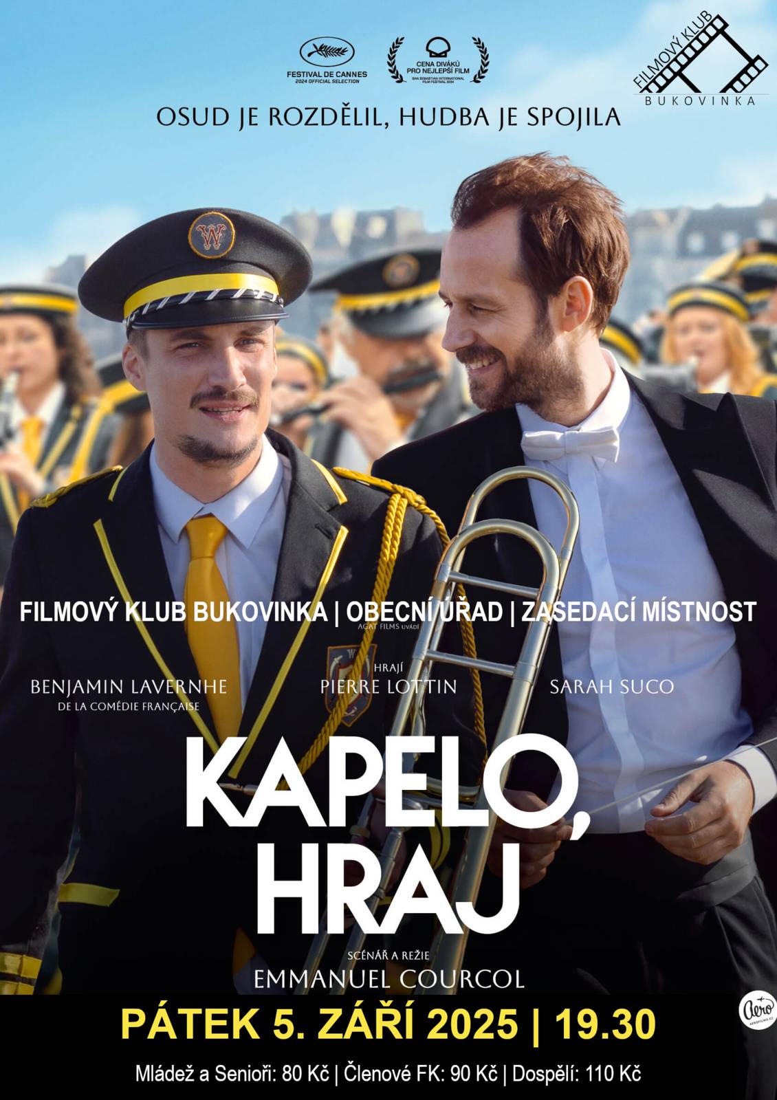 Zelenina Juvita přijede v pátek 5. září od 8.15 do 8.30 hodin prodávat broskve na zavaření, borůvky, hrušky, jablka, nové brambory, papriku na lečo, cibuli na uskladnění, česnek, česká rajčata, okurky a další ovoce a zeleninu. Dále nabízí žampiony, hlívu ústřičnou, olejové svíčky a med.   Filmový klub Bukovinka vás srdečně zve na promítání francouzského filmu KAPELO, HRAJ již tento pátek 5. září 2025. Začíná se v 19.30 hodin.