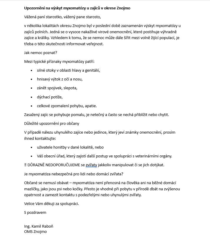 Upozornění na výskyt myxomatózy u zajíců v okrese Znojmo