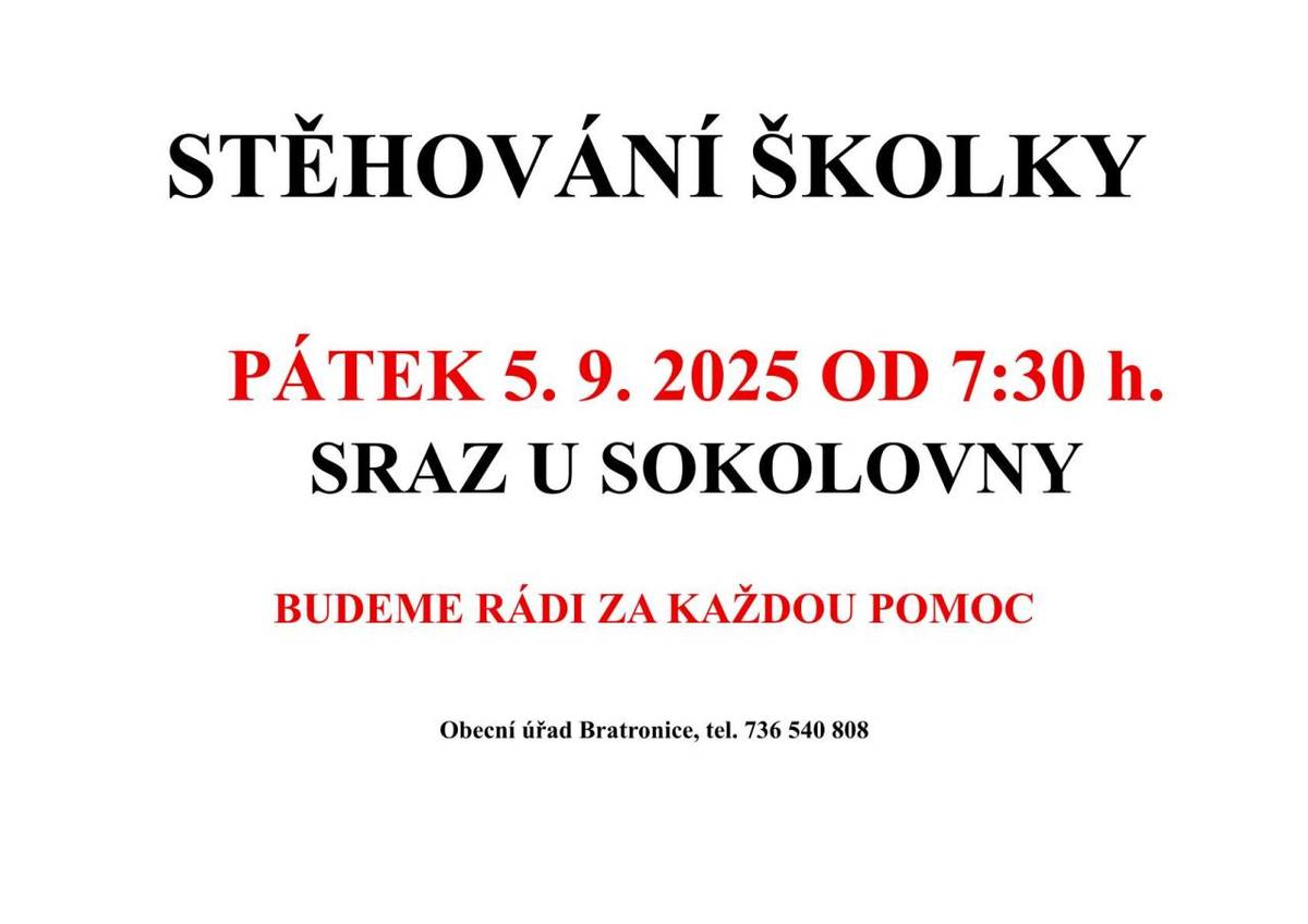 v pátek 5. září 2025 od 7:30 hodin. Sraz bude u Sokolovny, kde budeme rádi za každou pomoc.