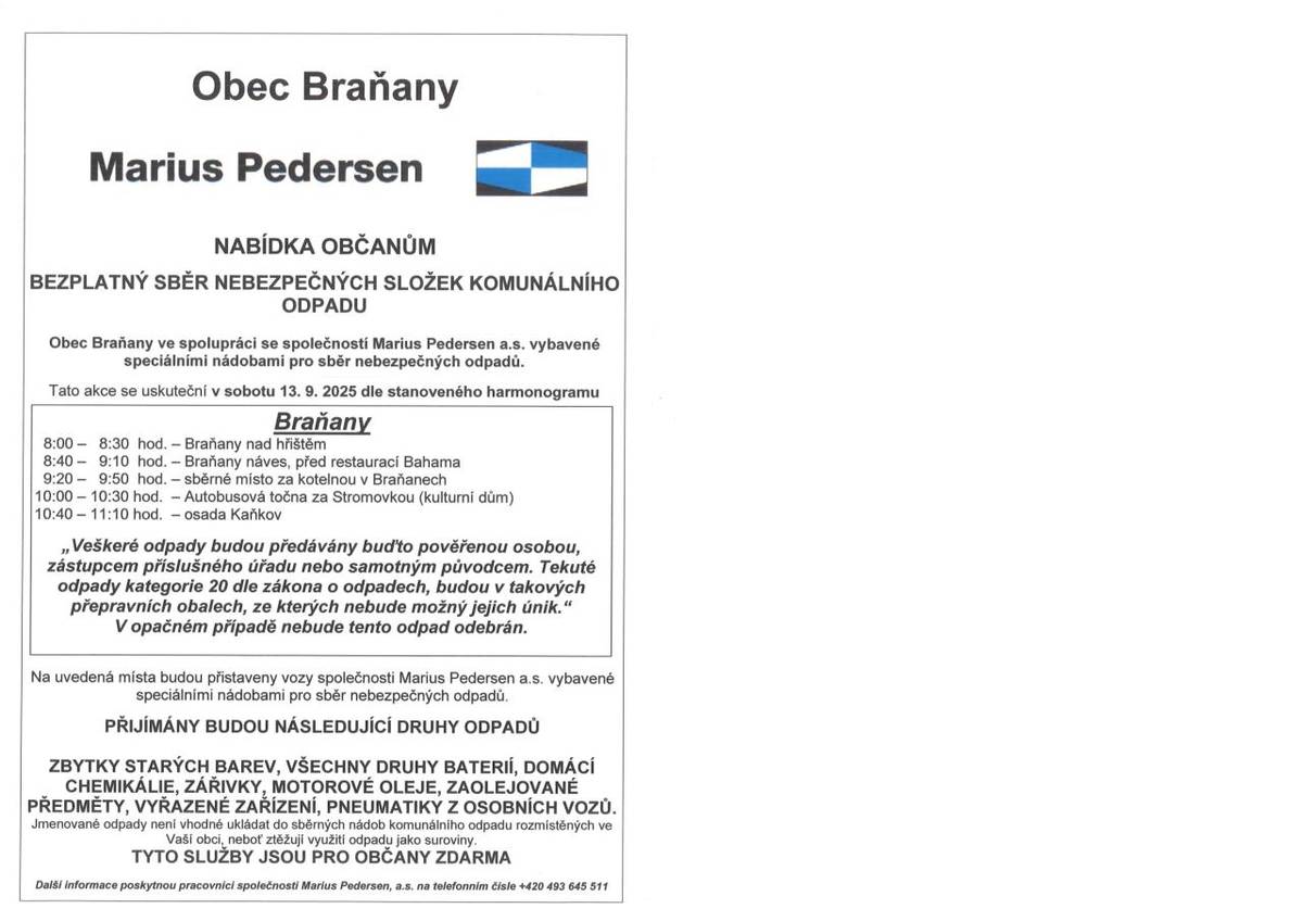 BEZPLATNÝ SBĚR NEBEZPEČNÝCH SLOŽEK KOMUNÁLNÍHO ODPADU DNE 13.9.2025