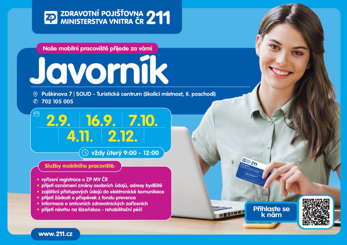 Zdravotní pojišťovna ministerstva vnitra České republiky (211) - mobilní pracoviště v Javorníku 2. 9. 2025 od 9:00 - 12:00 hod. v SOUDU - turistickém centru.