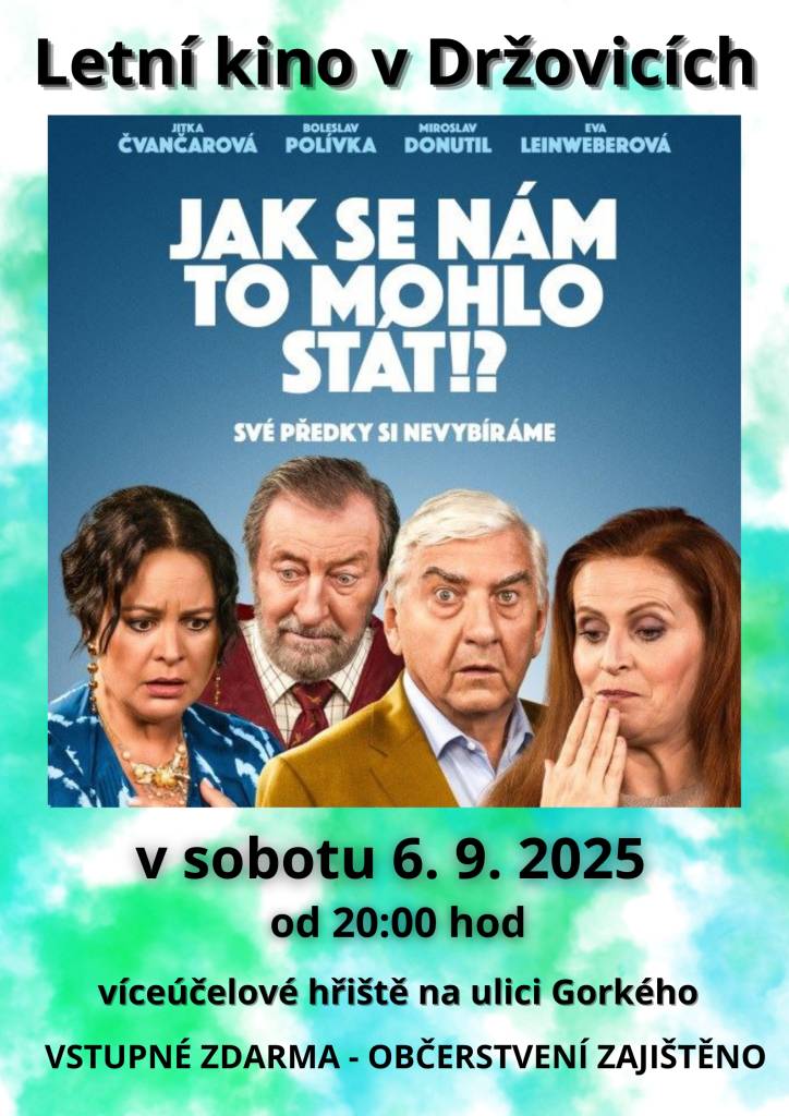 Obec Držovice zve na letní kino v sobotu 6. 9. 2025 od 20:00 hodin na víceúčelovém hřišti ulici Gorkého. Těšíme se na Vás.