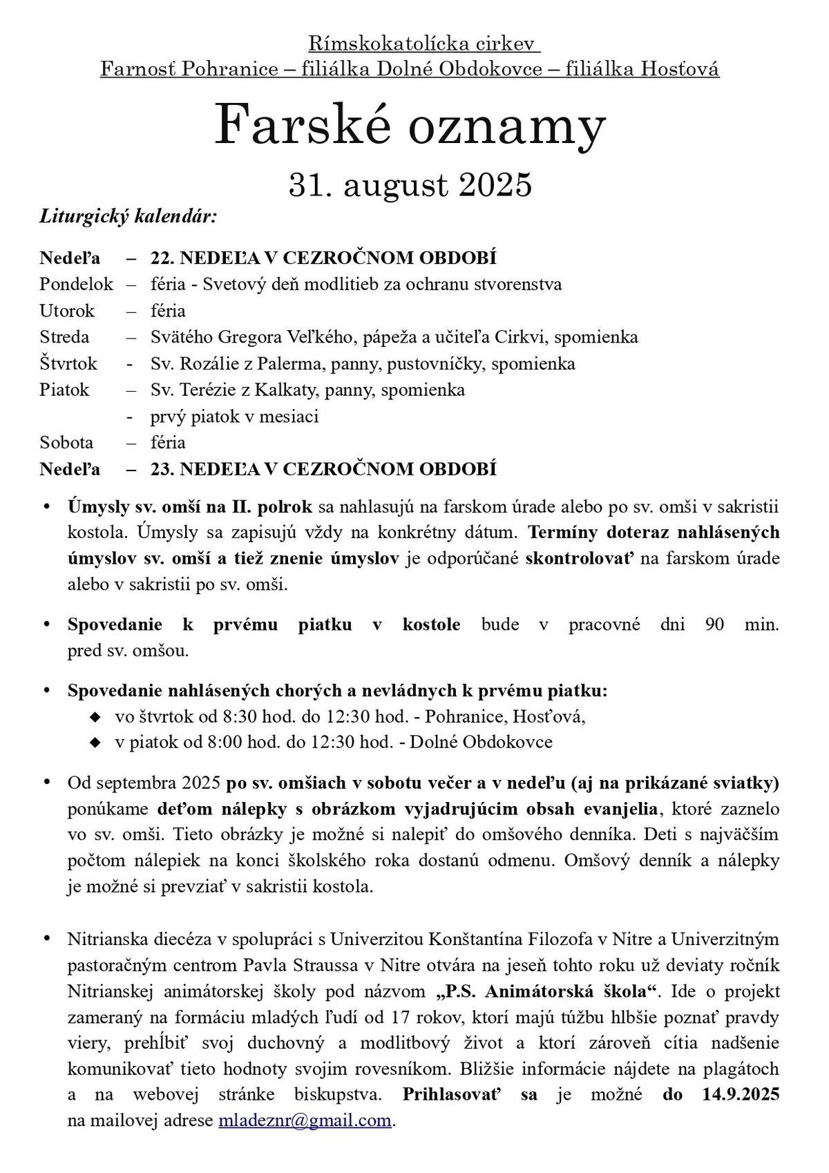 Plébániai hirdetések