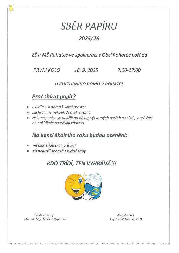 Dne 18. září se v Rohatci uskuteční sběr papíru, který proběhne od 7:00 do 17:00 hodin před Kulturním domem. Tento sběr je zaměřen na podporu školy, přičemž získané peníze budou použity na nákup výtvarných potřeb a sešitů, které žáci dostávají zdarma. Přijďte podpořit naši školu.