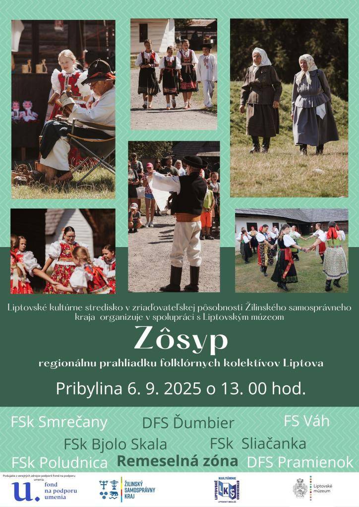 Zôsyp - regionálna prehliadka folklórnych kolektívov Liptova v Pribyline 6. septembra 2025 o 13:00 hod.