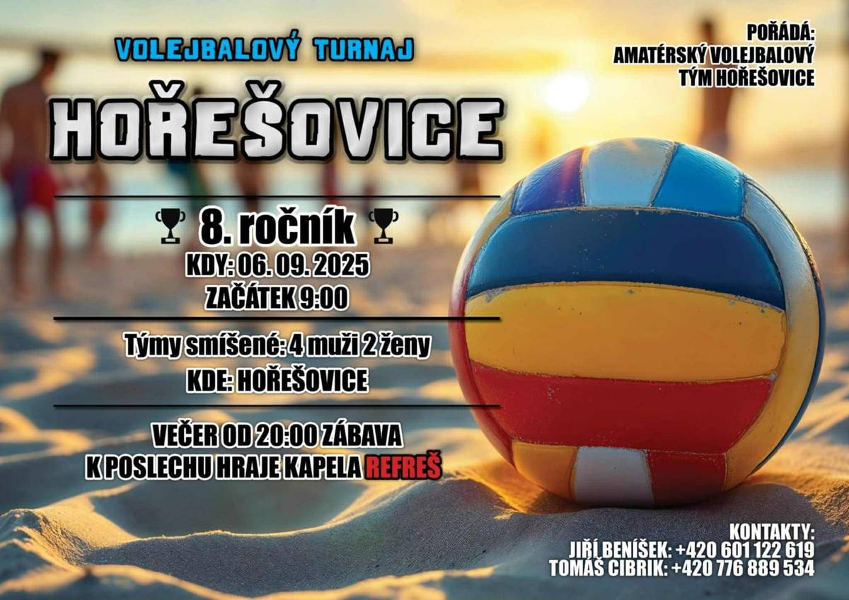 V sobotu 6.9. proběhne na hřišti u hospody tradiční volejbalový turnaj smíšených družstev, na který večer naváže taneční zábava. K tanci zahraje oblíbená skupina REFREŠ – začátek 20:00 na hřišti u hospody